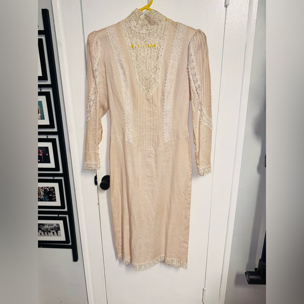 Tan Sheath Dress with Plunge Neckline and Bishop Sleeves